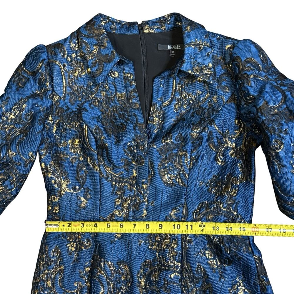 Badgley Mischka Puff-Sleeve Regal Brocade Blue & Metallic Gold Shirtdress Gown 8 - Picture 8 of 14